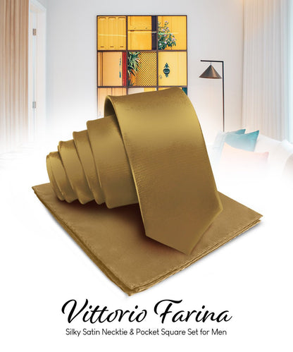 Vittorio Farina Men's Satin Necktie & Pocket Square - Suits You Sir - Whiskey Brown - 