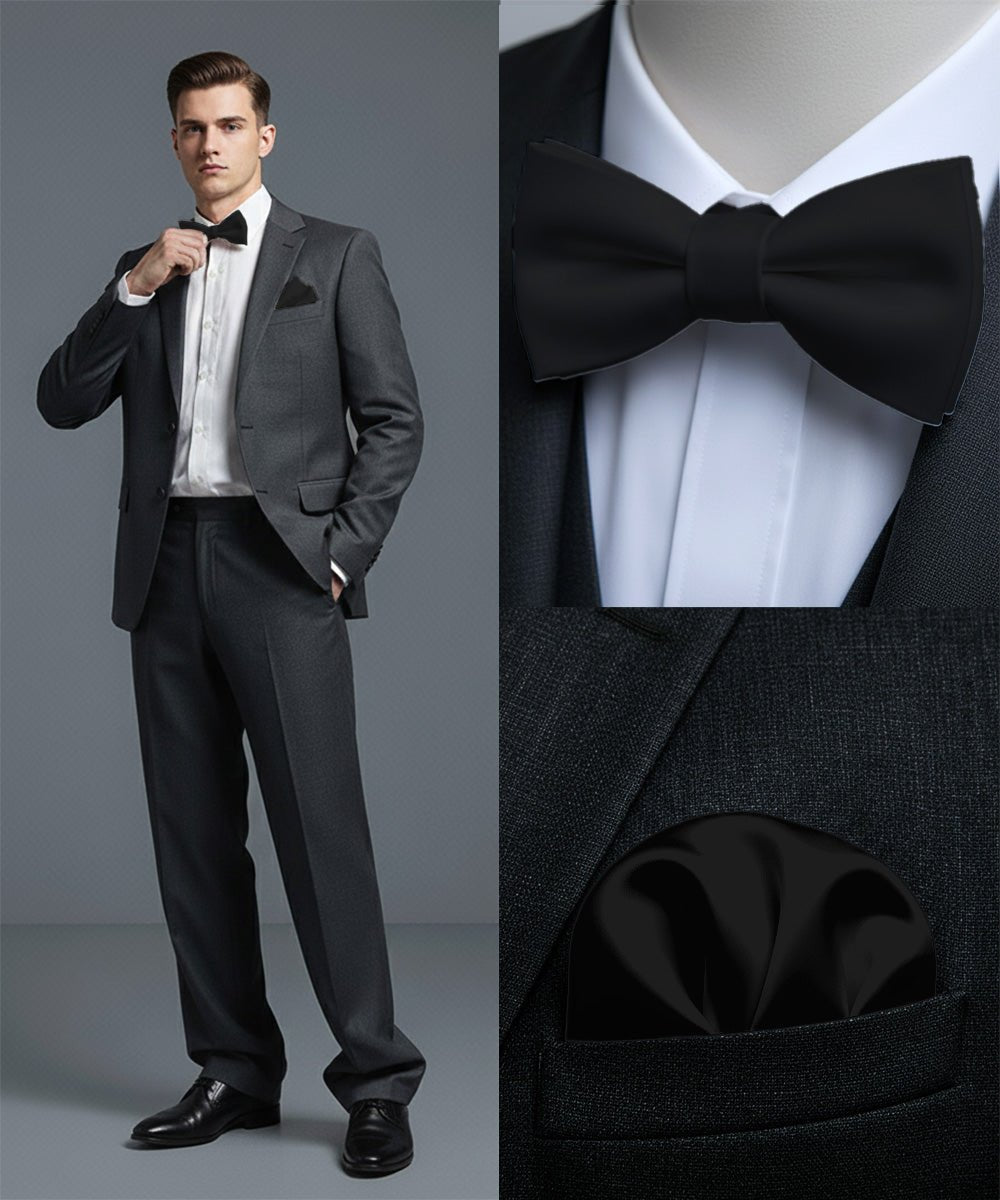 Vittorio Farina Men's Satin Self Tie Bow Tie & Pocket Square in Gift Box - Suits You Sir - Black - 