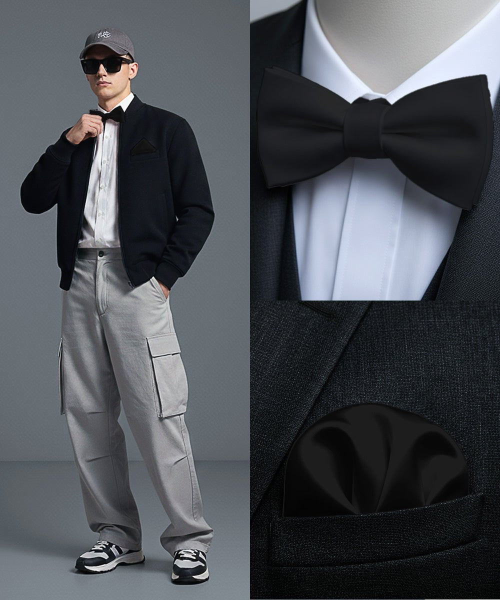 Vittorio Farina Men's Satin Self Tie Bow Tie & Pocket Square in Gift Box - Suits You Sir - Black - 