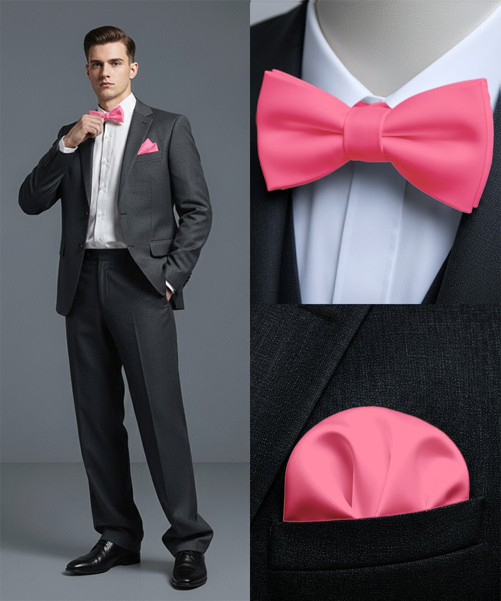 Vittorio Farina Men's Satin Self Tie Bow Tie & Pocket Square in Gift Box - Suits You Sir - Bubble Gum Pink - 