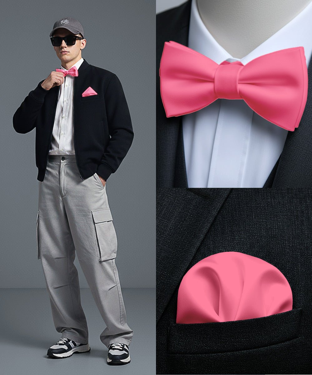 Vittorio Farina Men's Satin Self Tie Bow Tie & Pocket Square in Gift Box - Suits You Sir - Bubble Gum Pink - 
