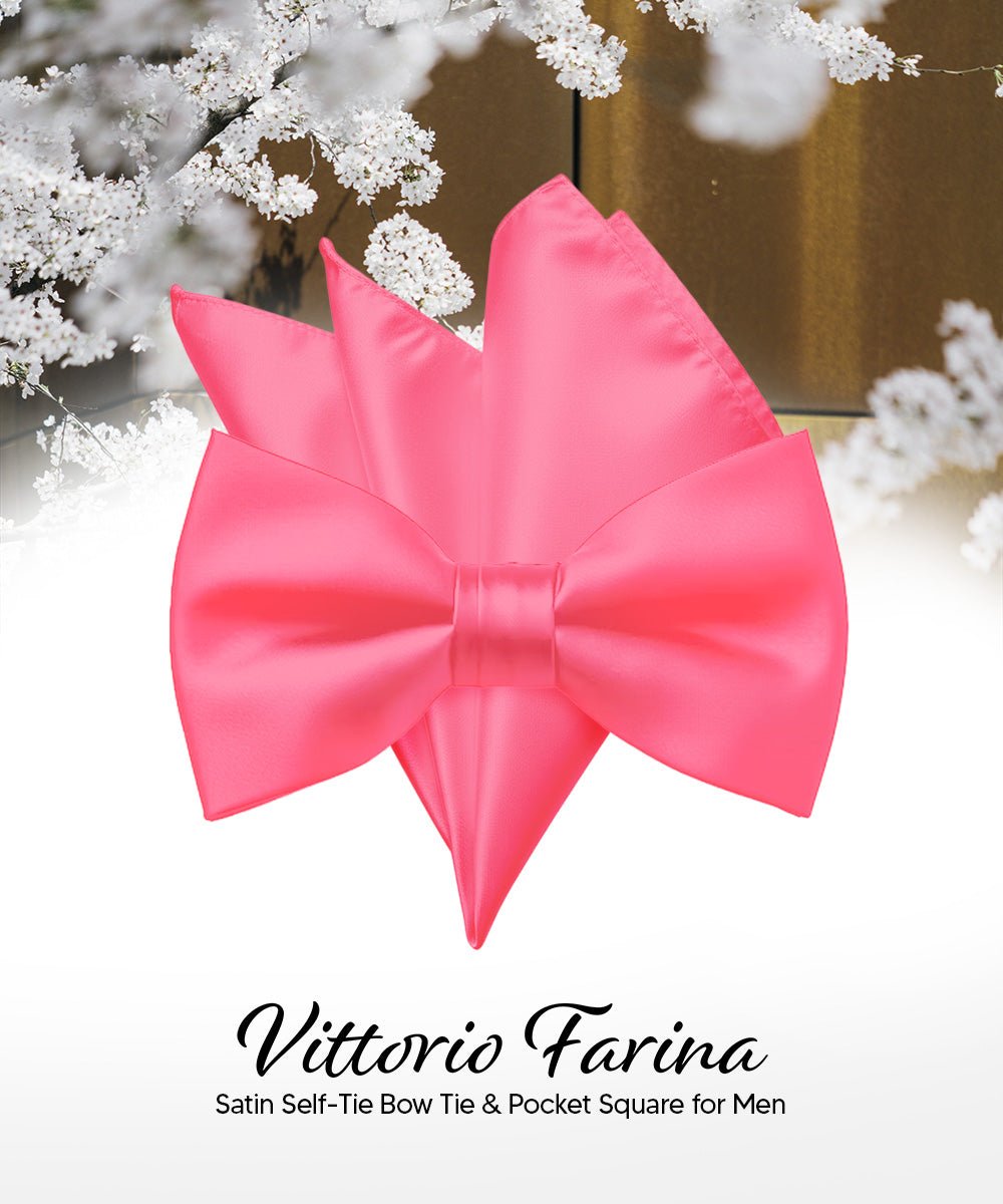 Vittorio Farina Men's Satin Self Tie Bow Tie & Pocket Square in Gift Box - Suits You Sir - Bubble Gum Pink - 