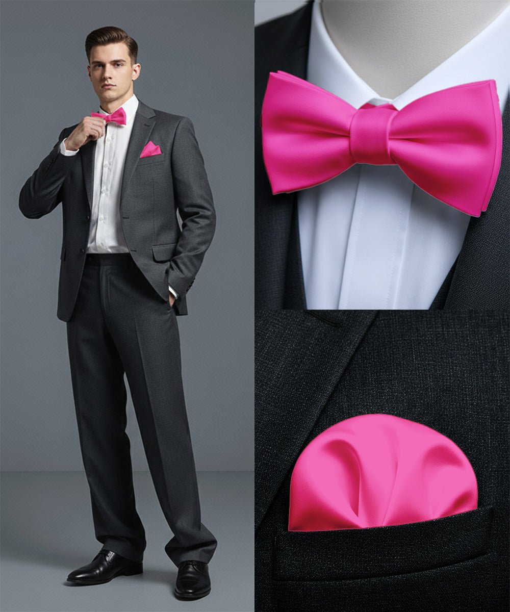 Vittorio Farina Men's Satin Self Tie Bow Tie & Pocket Square in Gift Box - Suits You Sir - Hot Pink - 
