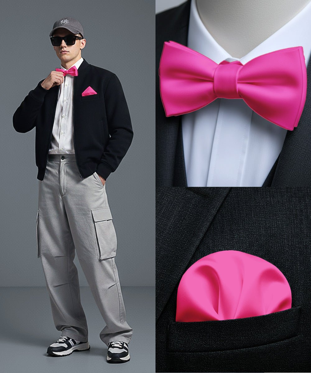 Vittorio Farina Men's Satin Self Tie Bow Tie & Pocket Square in Gift Box - Suits You Sir - Hot Pink - 