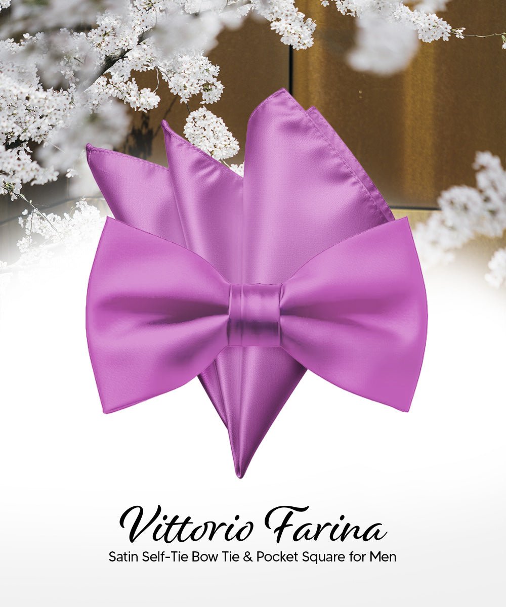 Vittorio Farina Men's Satin Self Tie Bow Tie & Pocket Square in Gift Box - Suits You Sir - Lavender - 