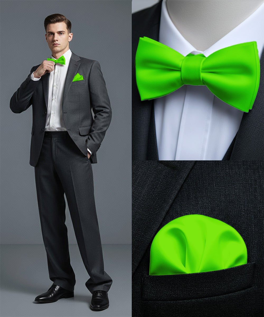 Vittorio Farina Men's Satin Self Tie Bow Tie & Pocket Square in Gift Box - Suits You Sir - Lime Green - 