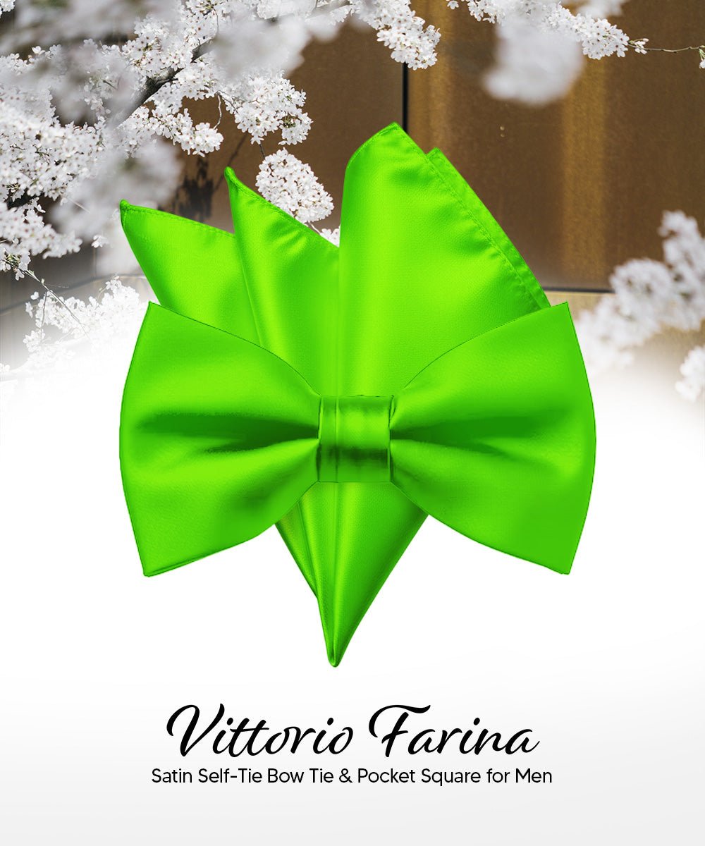 Vittorio Farina Men's Satin Self Tie Bow Tie & Pocket Square in Gift Box - Suits You Sir - Lime Green - 