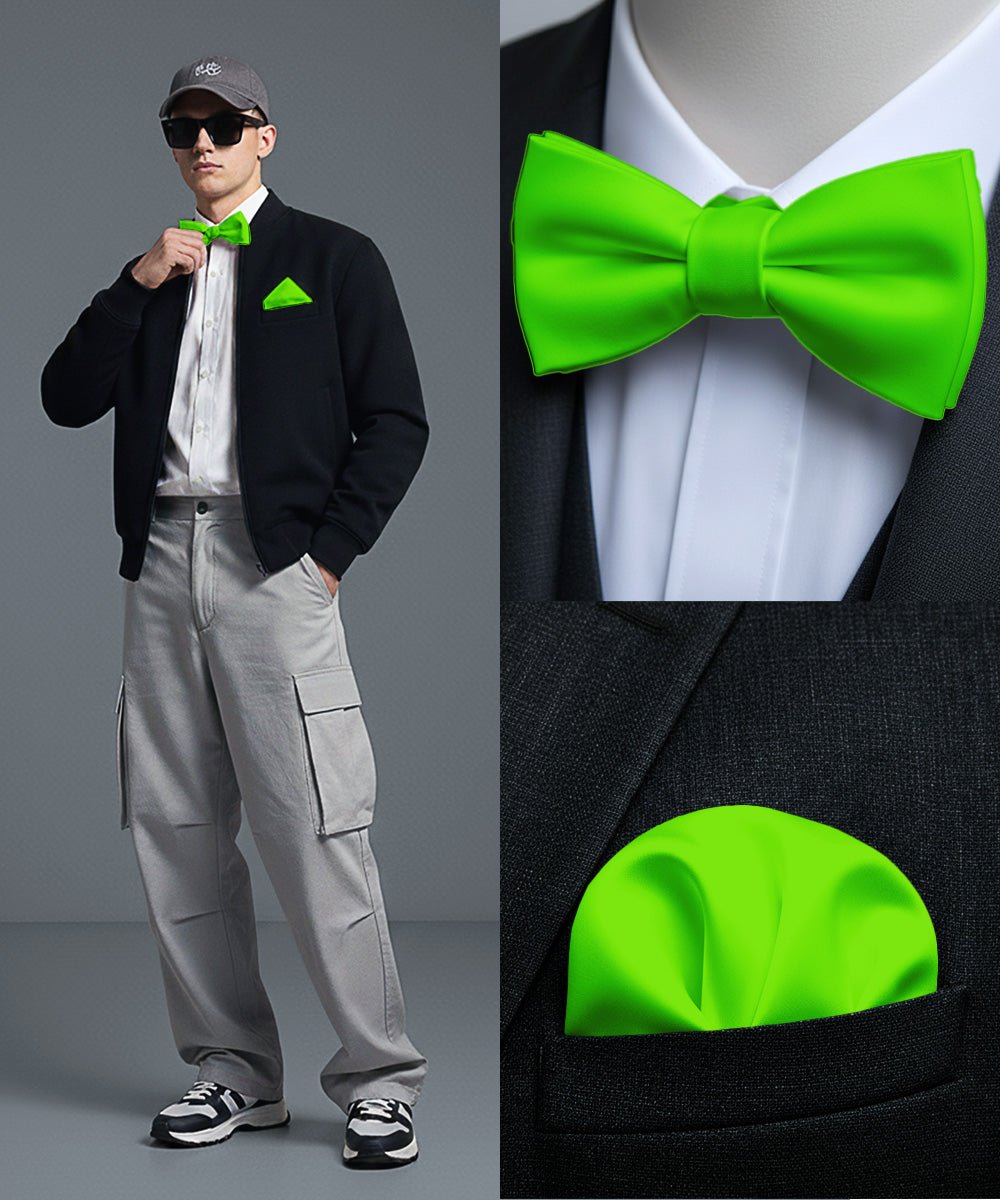 Vittorio Farina Men's Satin Self Tie Bow Tie & Pocket Square in Gift Box - Suits You Sir - Lime Green - 