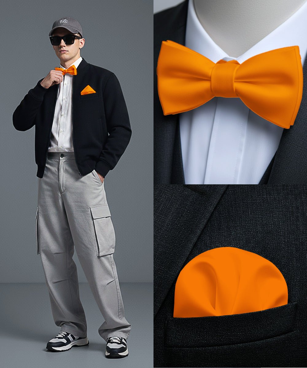 Vittorio Farina Men's Satin Self Tie Bow Tie & Pocket Square in Gift Box - Suits You Sir - Orange - 