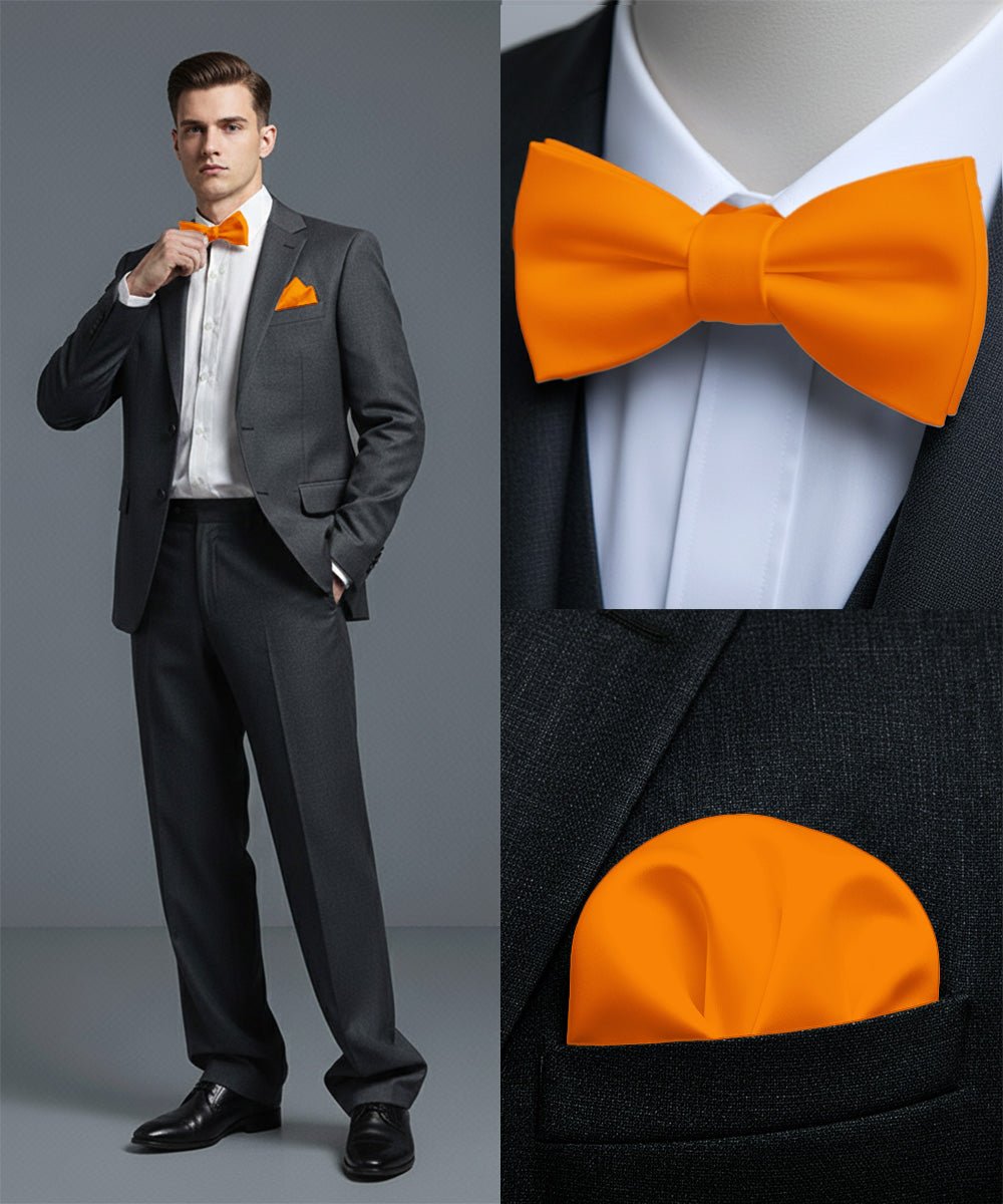 Vittorio Farina Men's Satin Self Tie Bow Tie & Pocket Square in Gift Box - Suits You Sir - Orange - 
