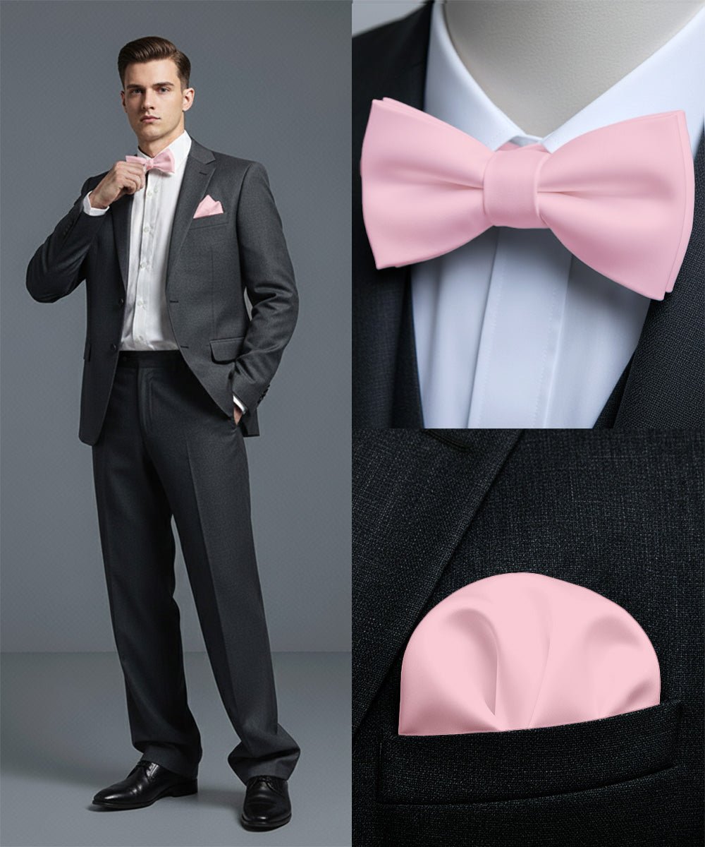Vittorio Farina Men's Satin Self Tie Bow Tie & Pocket Square in Gift Box - Suits You Sir - Pink - 