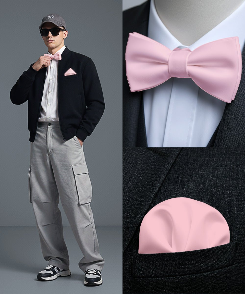 Vittorio Farina Men's Satin Self Tie Bow Tie & Pocket Square in Gift Box - Suits You Sir - Pink - 