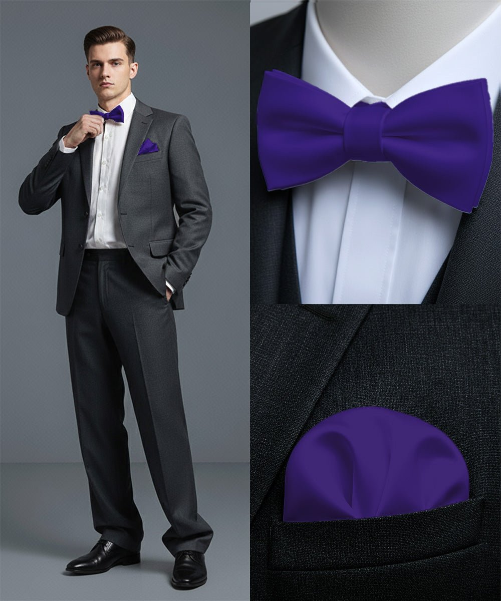 Vittorio Farina Men's Satin Self Tie Bow Tie & Pocket Square in Gift Box - Suits You Sir - Purple - 