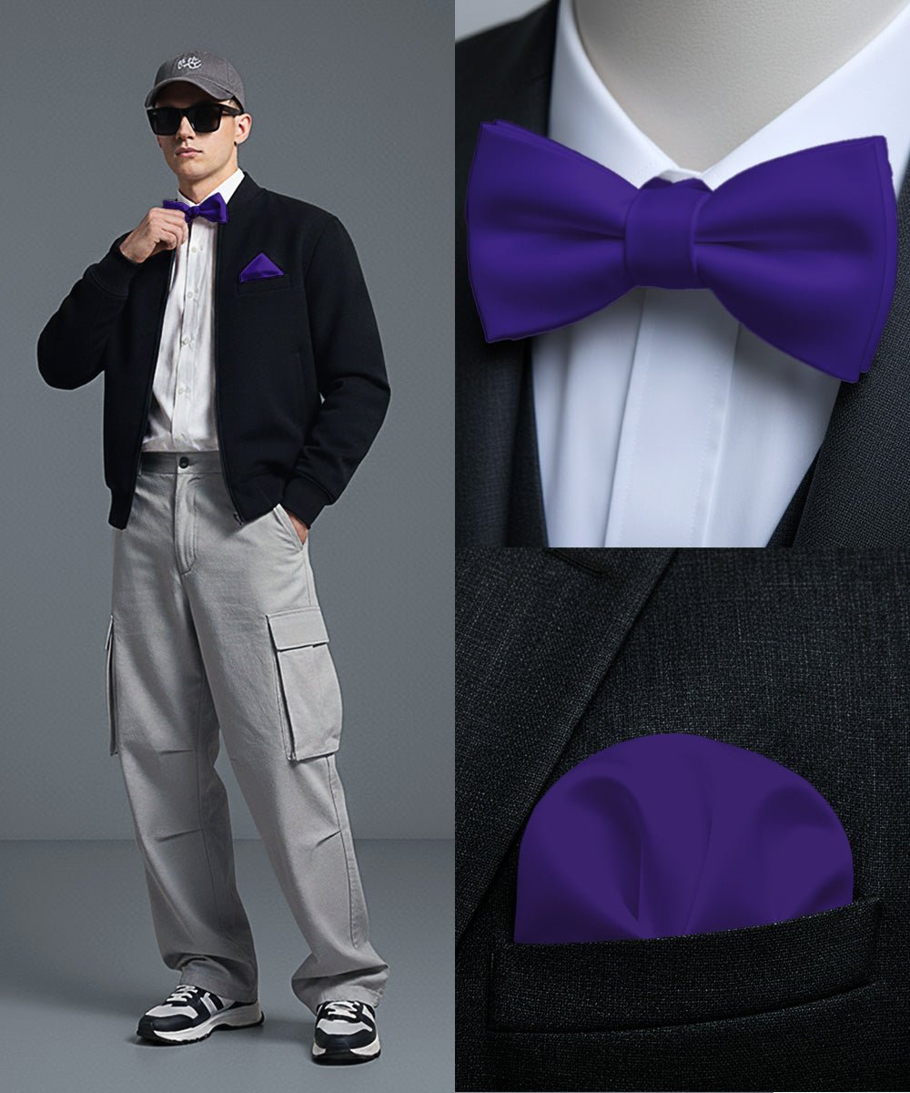 Vittorio Farina Men's Satin Self Tie Bow Tie & Pocket Square in Gift Box - Suits You Sir - Purple - 