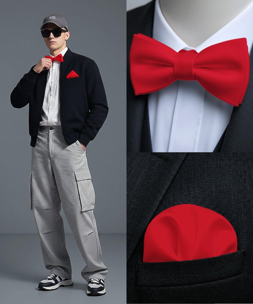 Vittorio Farina Men's Satin Self Tie Bow Tie & Pocket Square in Gift Box - Suits You Sir - Red - 