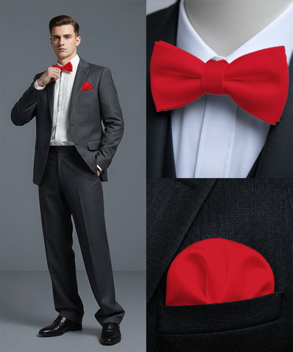 Vittorio Farina Men's Satin Self Tie Bow Tie & Pocket Square in Gift Box - Suits You Sir - Red - 