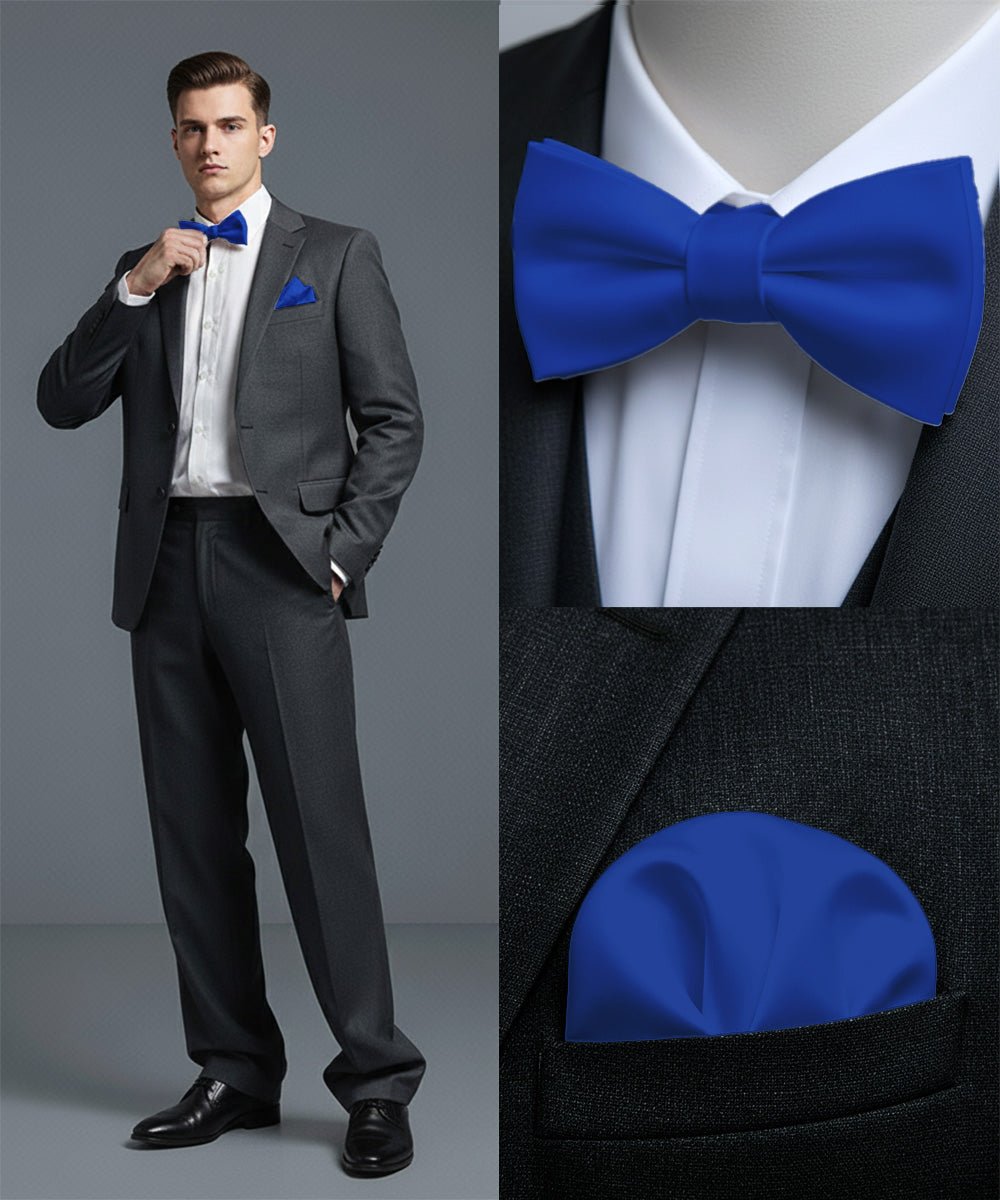 Vittorio Farina Men's Satin Self Tie Bow Tie & Pocket Square in Gift Box - Suits You Sir - Royal Blue - 