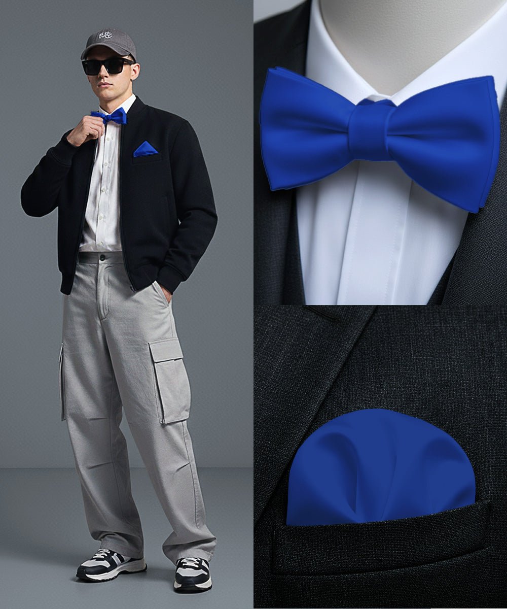 Vittorio Farina Men's Satin Self Tie Bow Tie & Pocket Square in Gift Box - Suits You Sir - Royal Blue - 