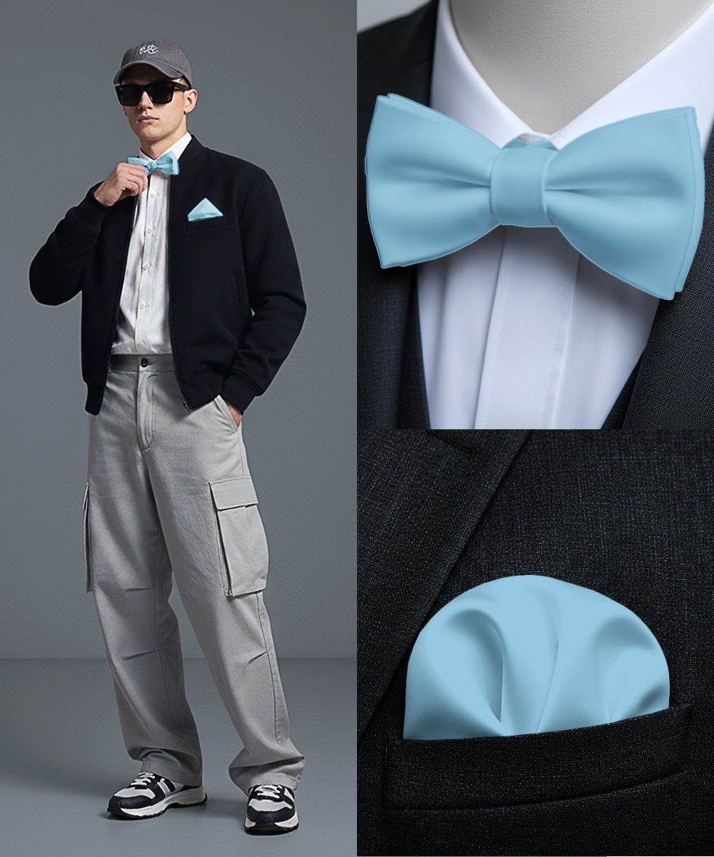 Vittorio Farina Men's Satin Self Tie Bow Tie & Pocket Square in Gift Box - Suits You Sir - Sky - 