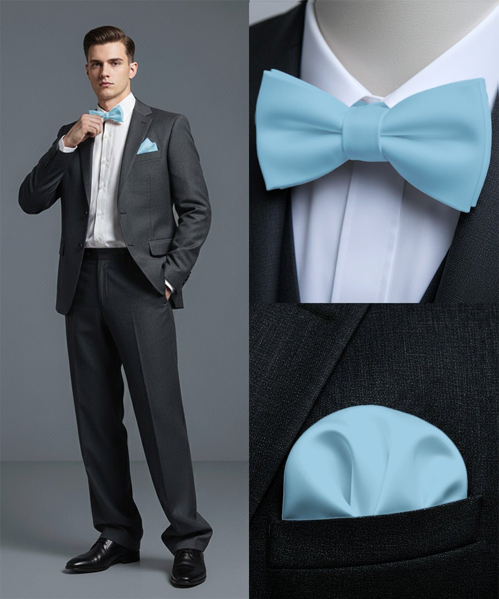 Vittorio Farina Men's Satin Self Tie Bow Tie & Pocket Square in Gift Box - Suits You Sir - Sky - 