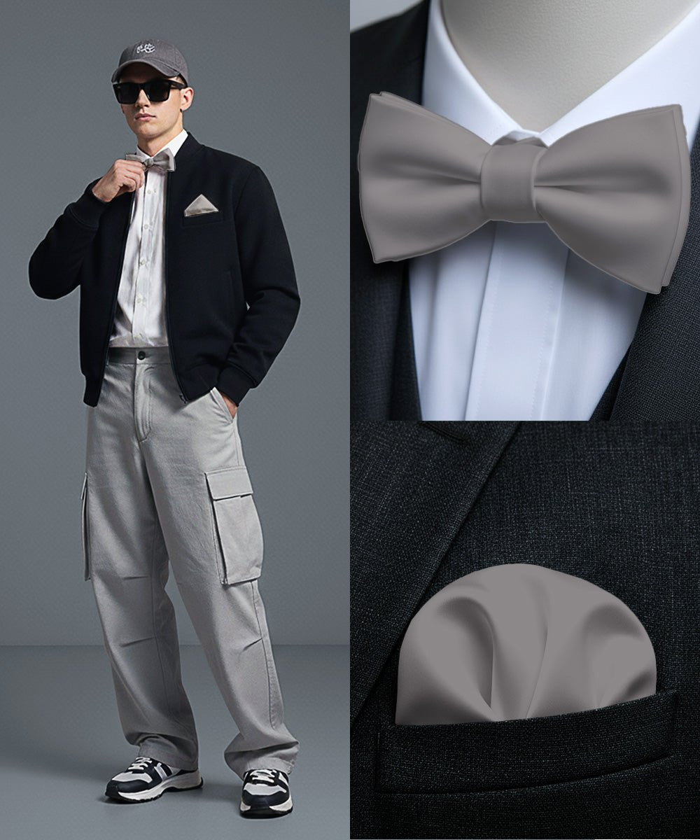 Vittorio Farina Men's Satin Self Tie Bow Tie & Pocket Square in Gift Box - Suits You Sir - Sliver - 