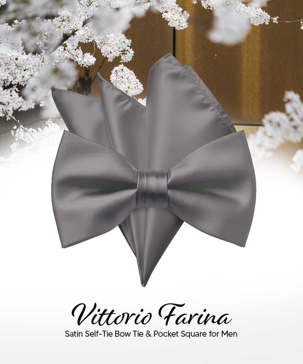 Vittorio Farina Men's Satin Self Tie Bow Tie & Pocket Square in Gift Box - Suits You Sir - Sliver - 