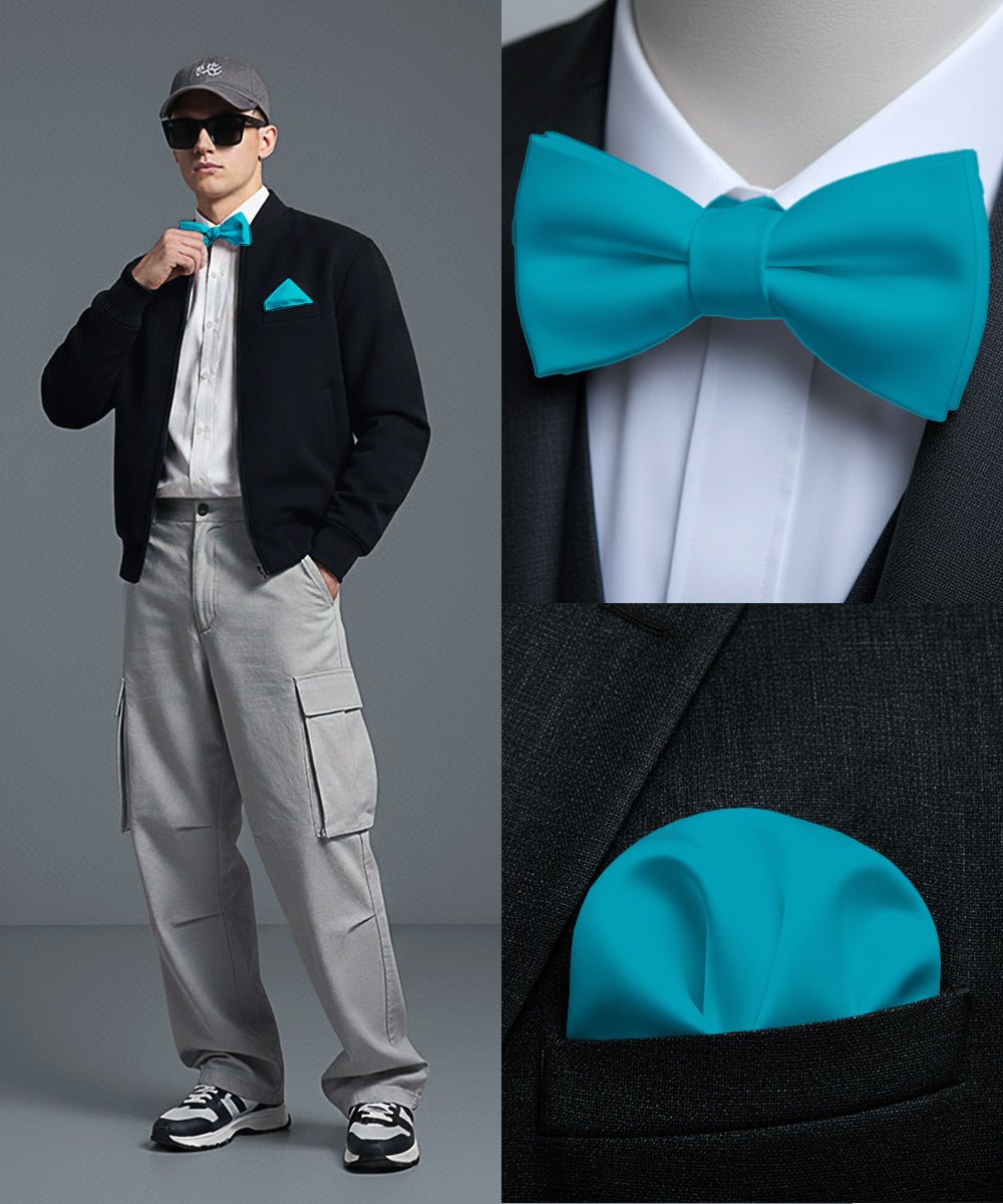 Vittorio Farina Men's Satin Self Tie Bow Tie & Pocket Square in Gift Box - Suits You Sir - Turquoise - 