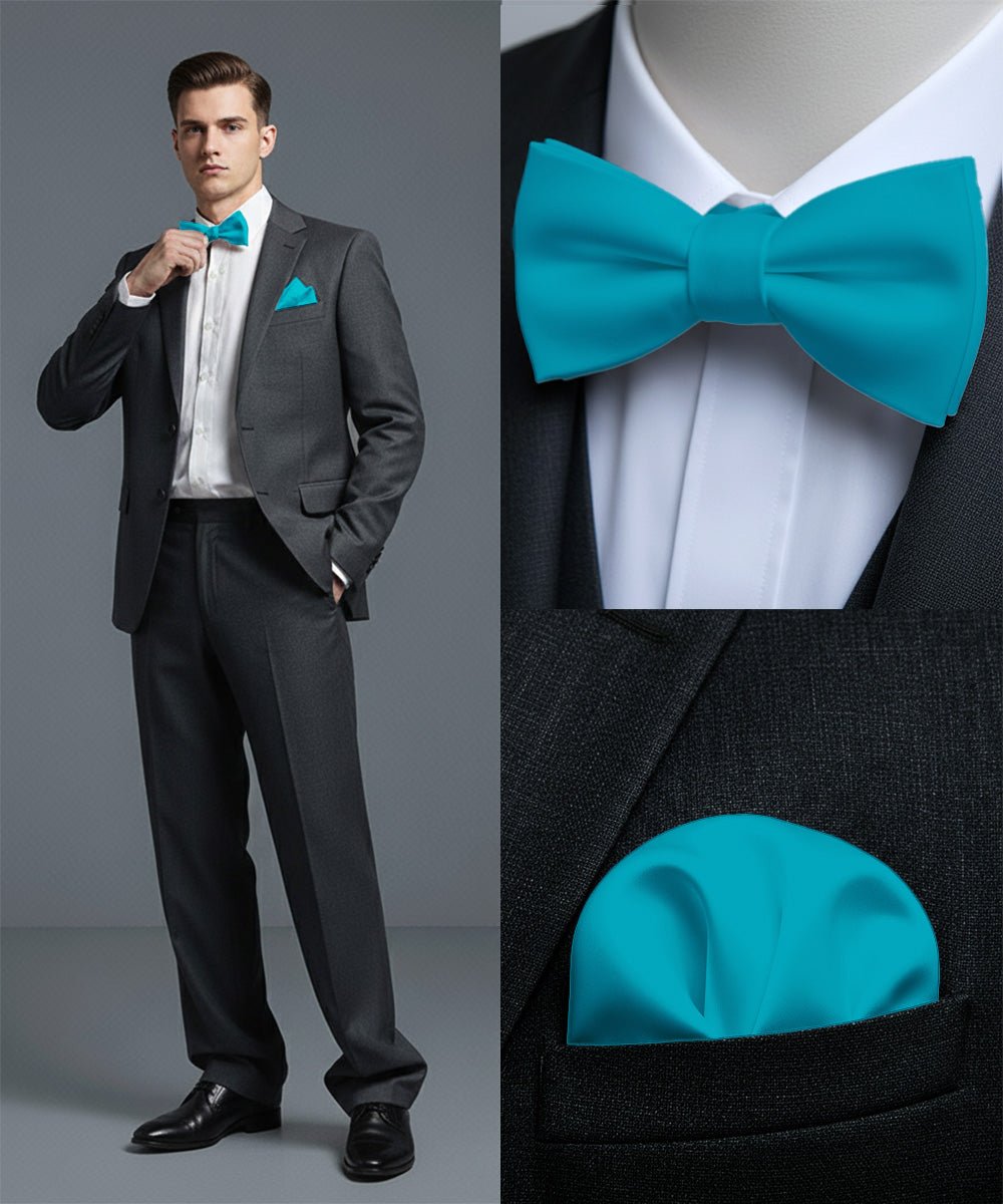 Vittorio Farina Men's Satin Self Tie Bow Tie & Pocket Square in Gift Box - Suits You Sir - Turquoise - 