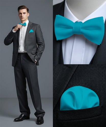 Vittorio Farina Men's Satin Self Tie Bow Tie & Pocket Square in Gift Box - Suits You Sir - Turquoise - 