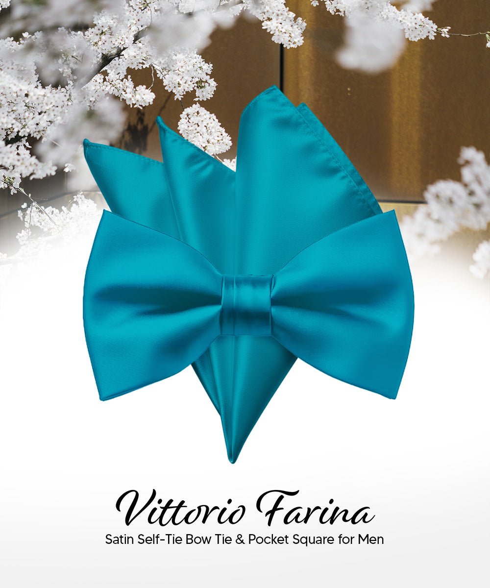 Vittorio Farina Men's Satin Self Tie Bow Tie & Pocket Square in Gift Box - Suits You Sir - Turquoise - 