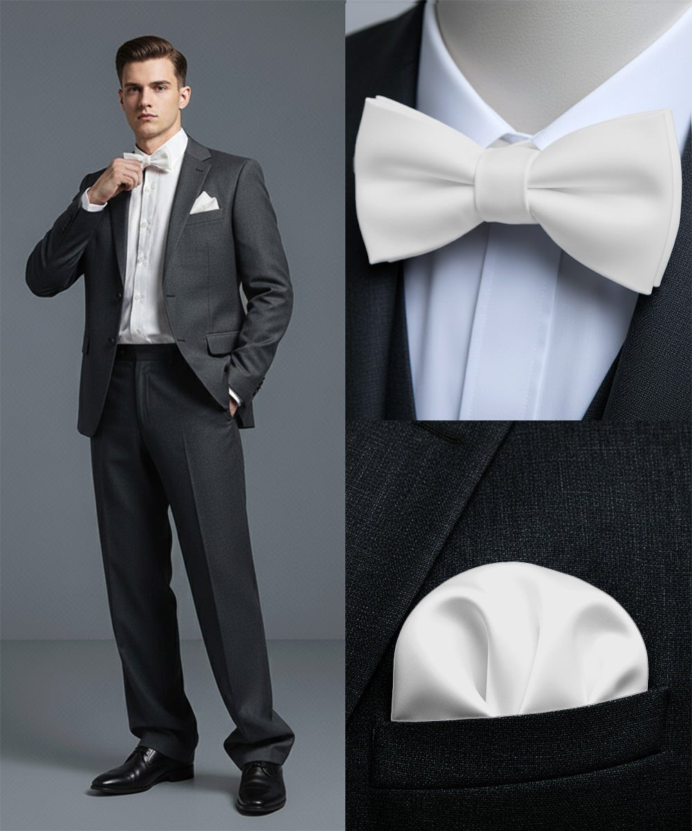 Vittorio Farina Men's Satin Self Tie Bow Tie & Pocket Square in Gift Box - Suits You Sir - White - 
