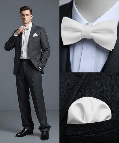 Vittorio Farina Men's Satin Self Tie Bow Tie & Pocket Square in Gift Box - Suits You Sir - White - 
