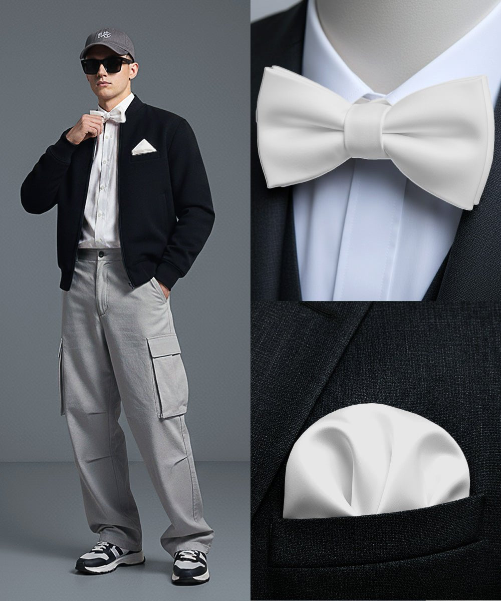 Vittorio Farina Men's Satin Self Tie Bow Tie & Pocket Square in Gift Box - Suits You Sir - White - 