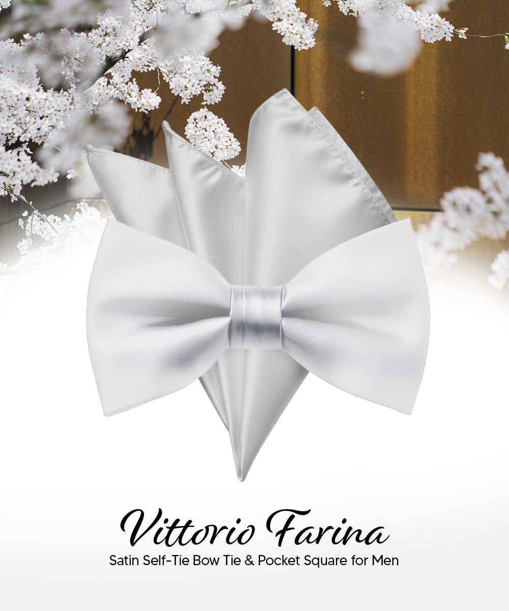 Vittorio Farina Men's Satin Self Tie Bow Tie & Pocket Square in Gift Box - Suits You Sir - White - 