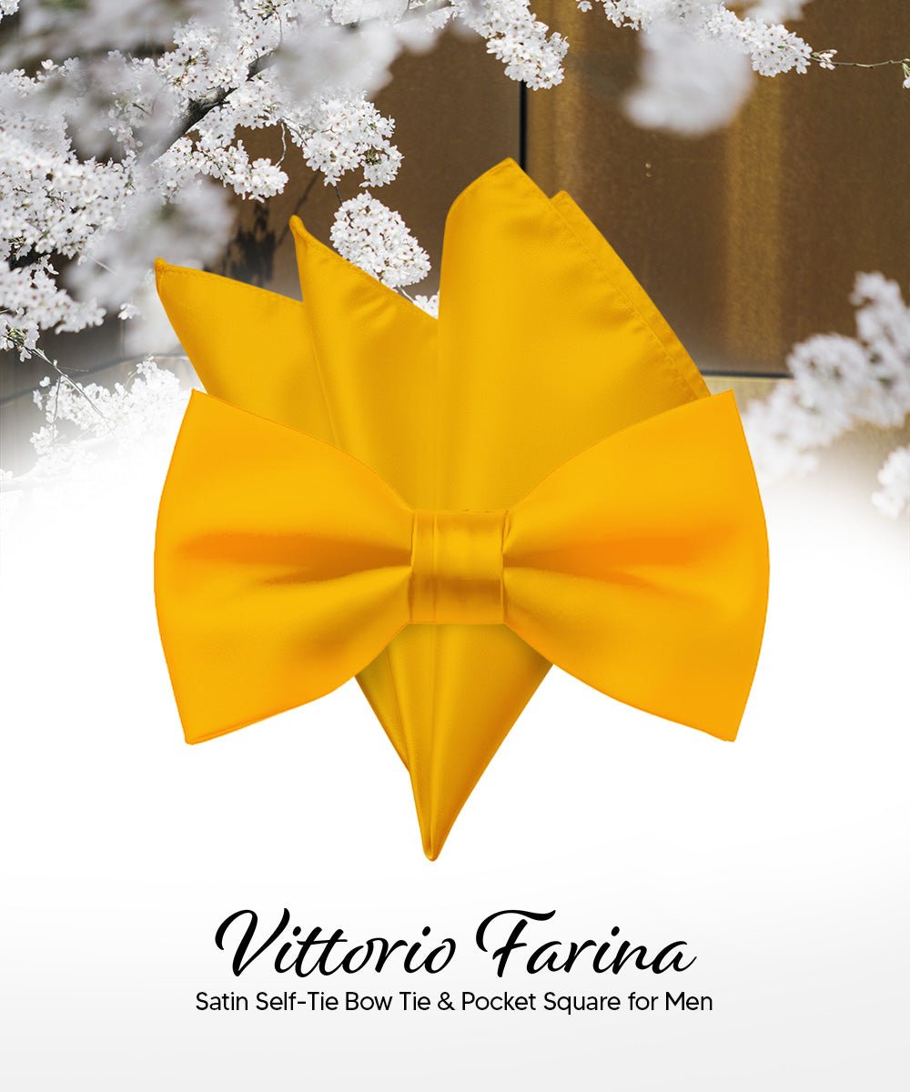 Vittorio Farina Men's Satin Self Tie Bow Tie & Pocket Square in Gift Box - Suits You Sir - Yellow - 