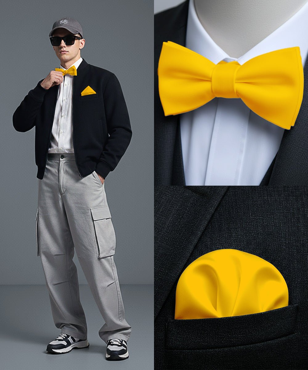 Vittorio Farina Men's Satin Self Tie Bow Tie & Pocket Square in Gift Box - Suits You Sir - Yellow - 
