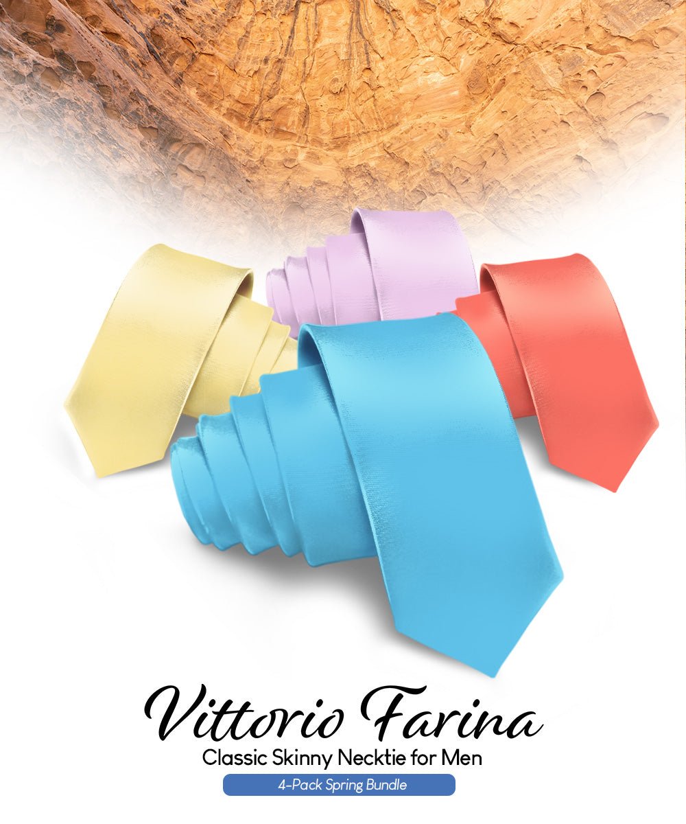 Vittorio Farina Men's Satin Skinny Necktie (Multipack) - Suits You Sir - Aqua/Coral/Maize/Lavender - 