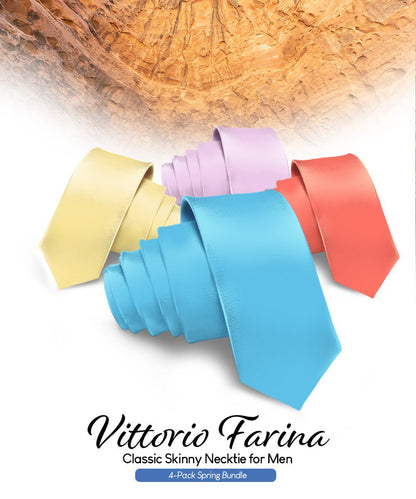 Vittorio Farina Men's Satin Skinny Necktie (Multipack) - Suits You Sir - Aqua/Coral/Maize/Lavender - 