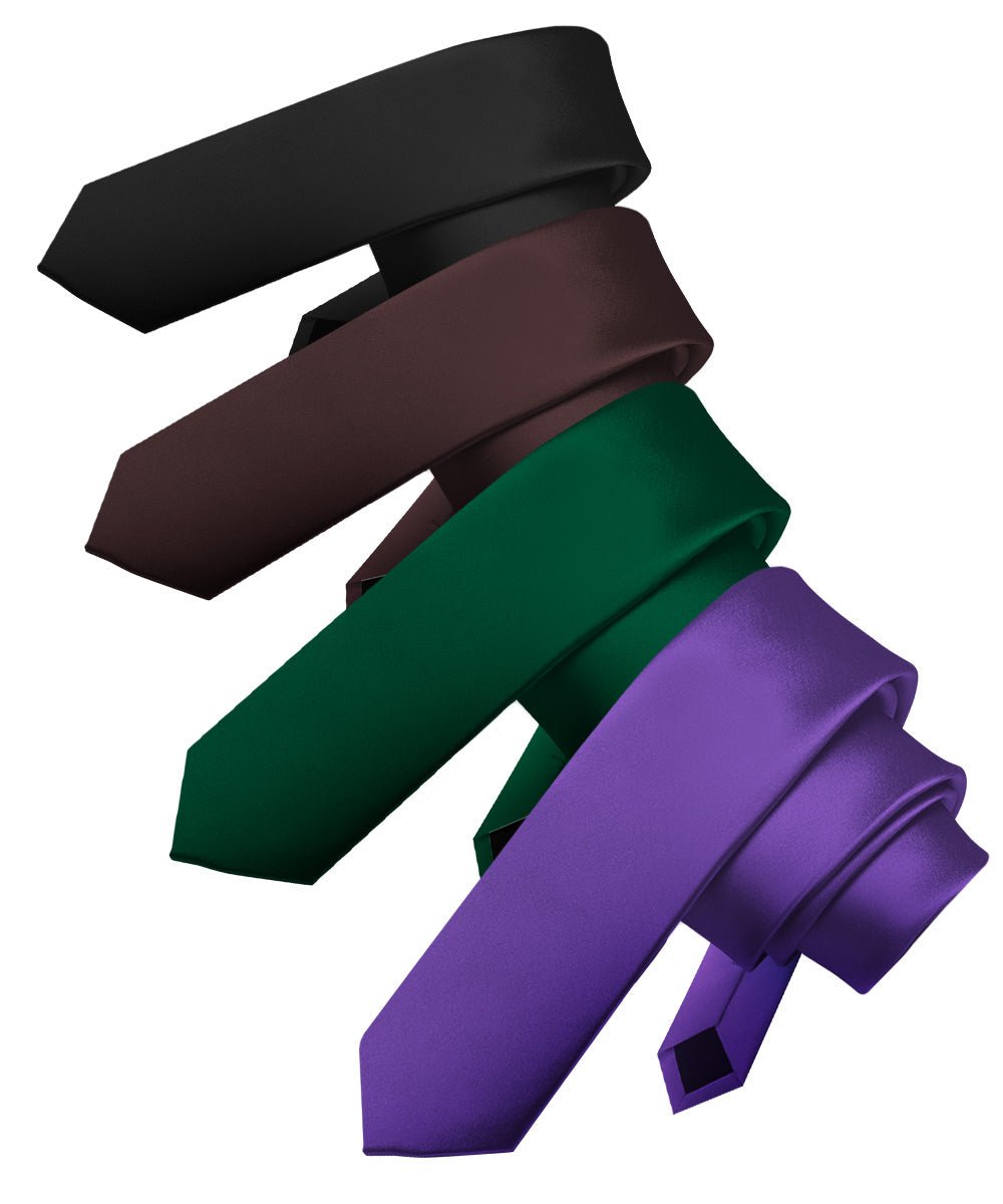 Vittorio Farina Men's Satin Skinny Necktie (Multipack) - Suits You Sir - Black/Brown/Hunter Green/Purple - 