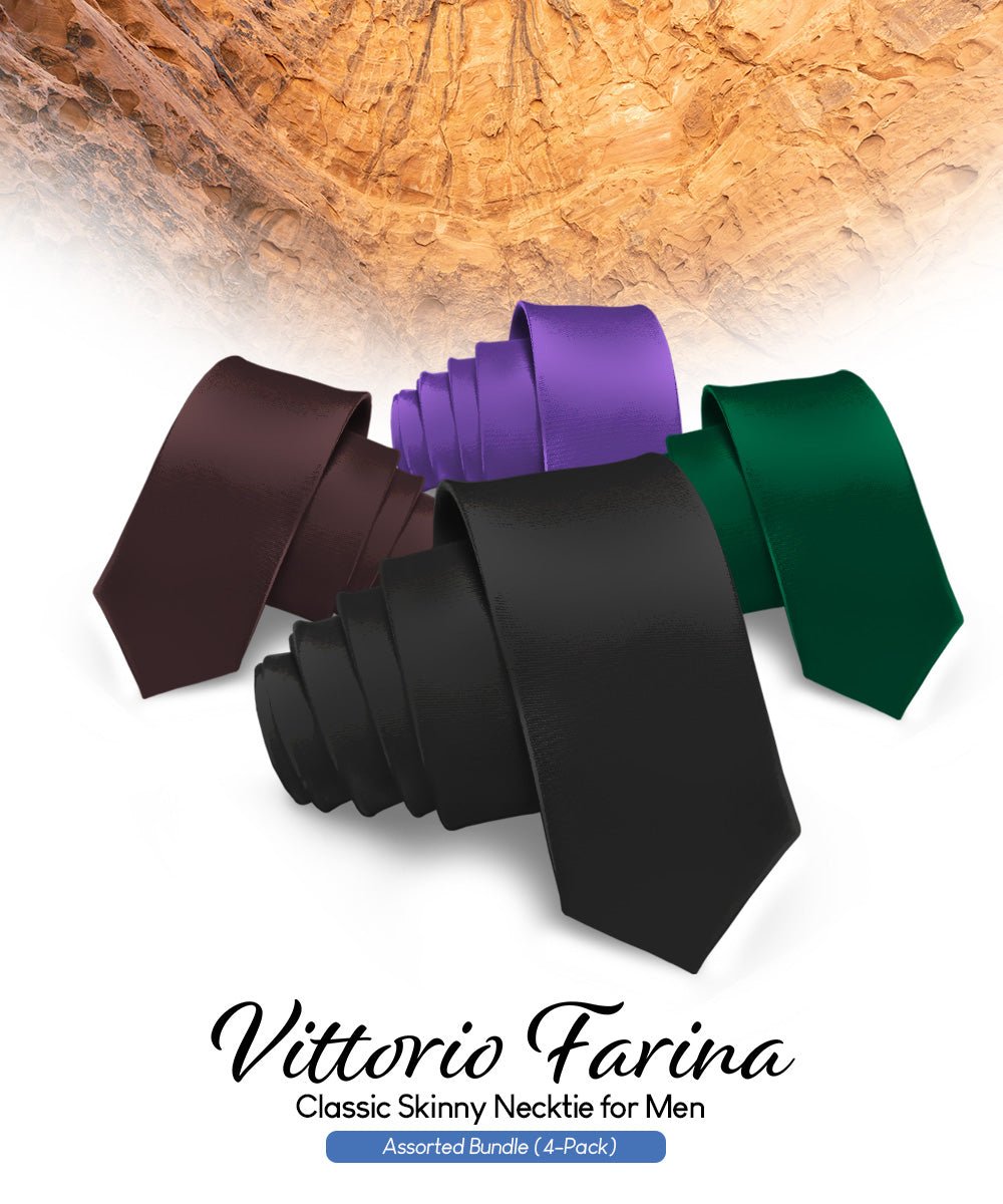 Vittorio Farina Men's Satin Skinny Necktie (Multipack) - Suits You Sir - Black/Brown/Hunter Green/Purple - 