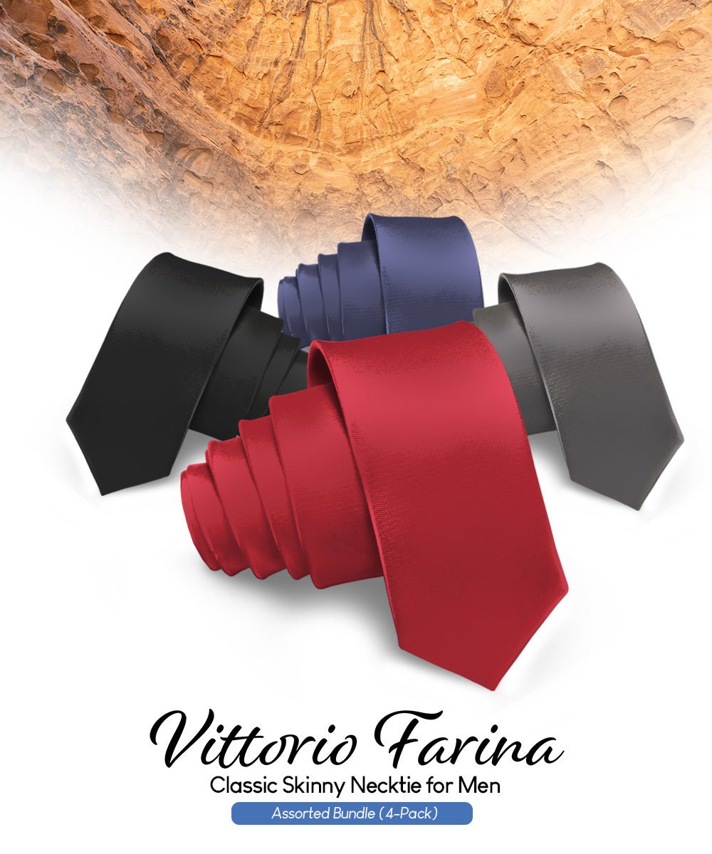 Vittorio Farina Men's Satin Skinny Necktie (Multipack) - Suits You Sir - Black/Burgundy/Charcoal/Navy Blue - 