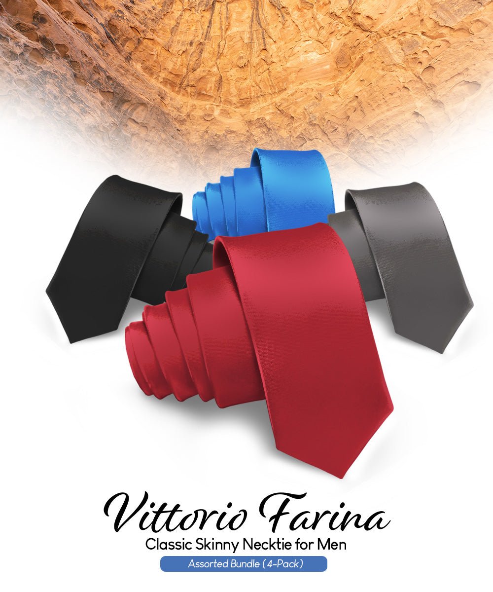Vittorio Farina Men's Satin Skinny Necktie (Multipack) - Suits You Sir - Black/Burgundy/Charcoal/Royal Blue - 