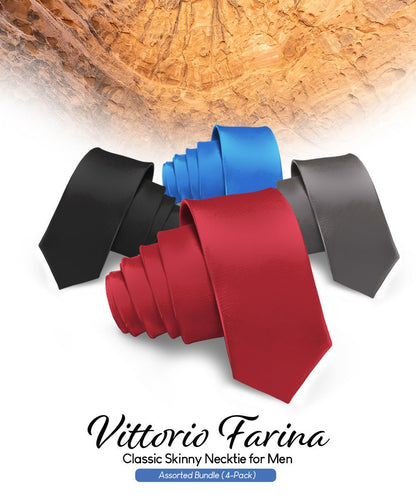 Vittorio Farina Men's Satin Skinny Necktie (Multipack) - Suits You Sir - Black/Burgundy/Charcoal/Royal Blue - 