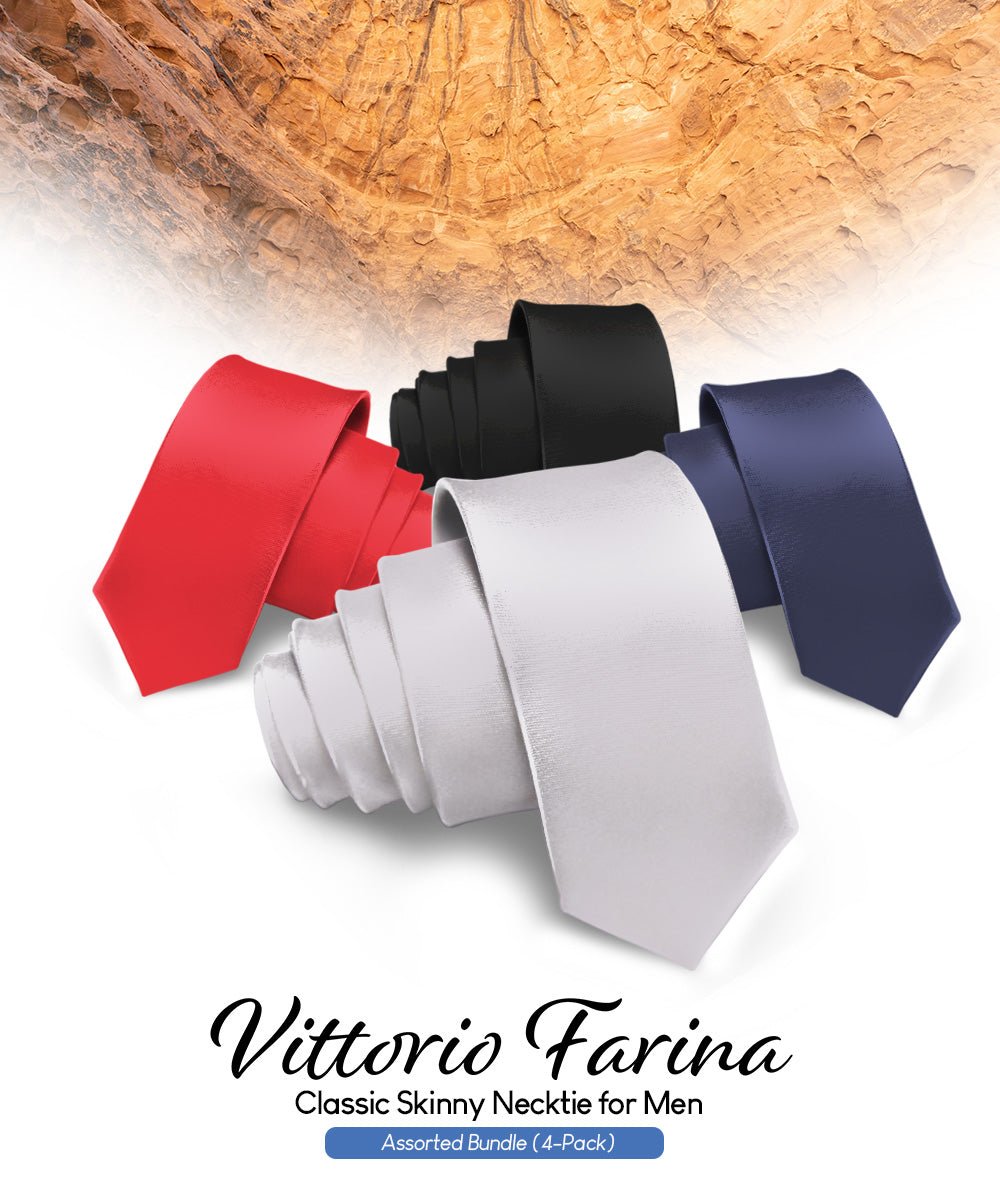 Vittorio Farina Men's Satin Skinny Necktie (Multipack) - Suits You Sir - Black/Navy Blue/Red/Silver - 
