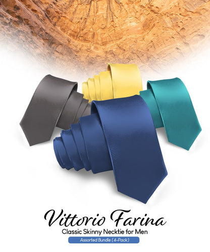 Vittorio Farina Men's Satin Skinny Necktie (Multipack) - Suits You Sir - Blue/Charcoal/Teal Blue/Yellow - 