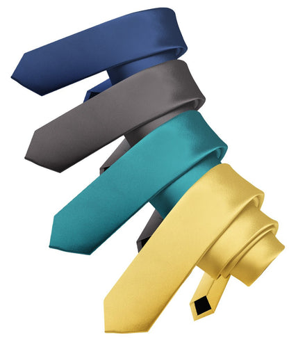 Vittorio Farina Men's Satin Skinny Necktie (Multipack) - Suits You Sir - Blue/Charcoal/Teal Blue/Yellow - 