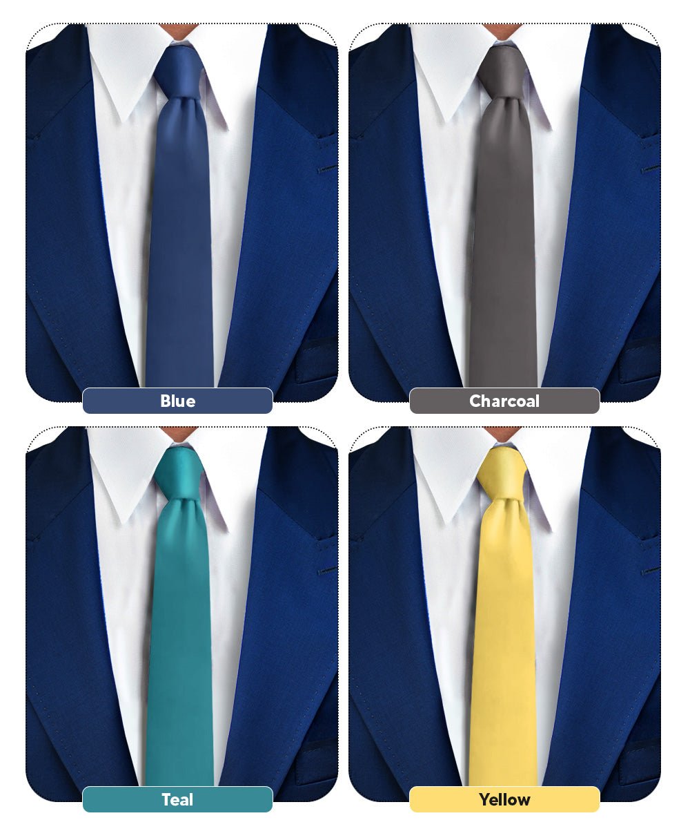 Vittorio Farina Men's Satin Skinny Necktie (Multipack) - Suits You Sir - Blue/Charcoal/Teal Blue/Yellow - 