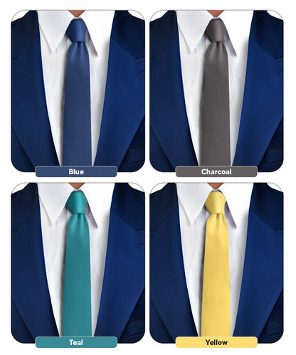 Vittorio Farina Men's Satin Skinny Necktie (Multipack) - Suits You Sir - Blue/Charcoal/Teal Blue/Yellow - 
