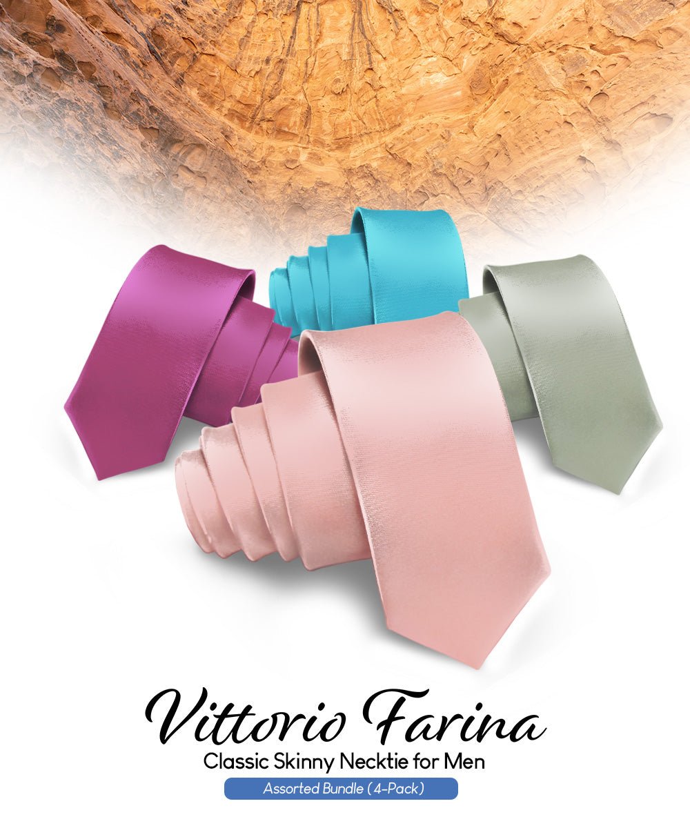 Vittorio Farina Men's Satin Skinny Necktie (Multipack) - Suits You Sir - Blush/Plum/Sage Green/Turquioise - 