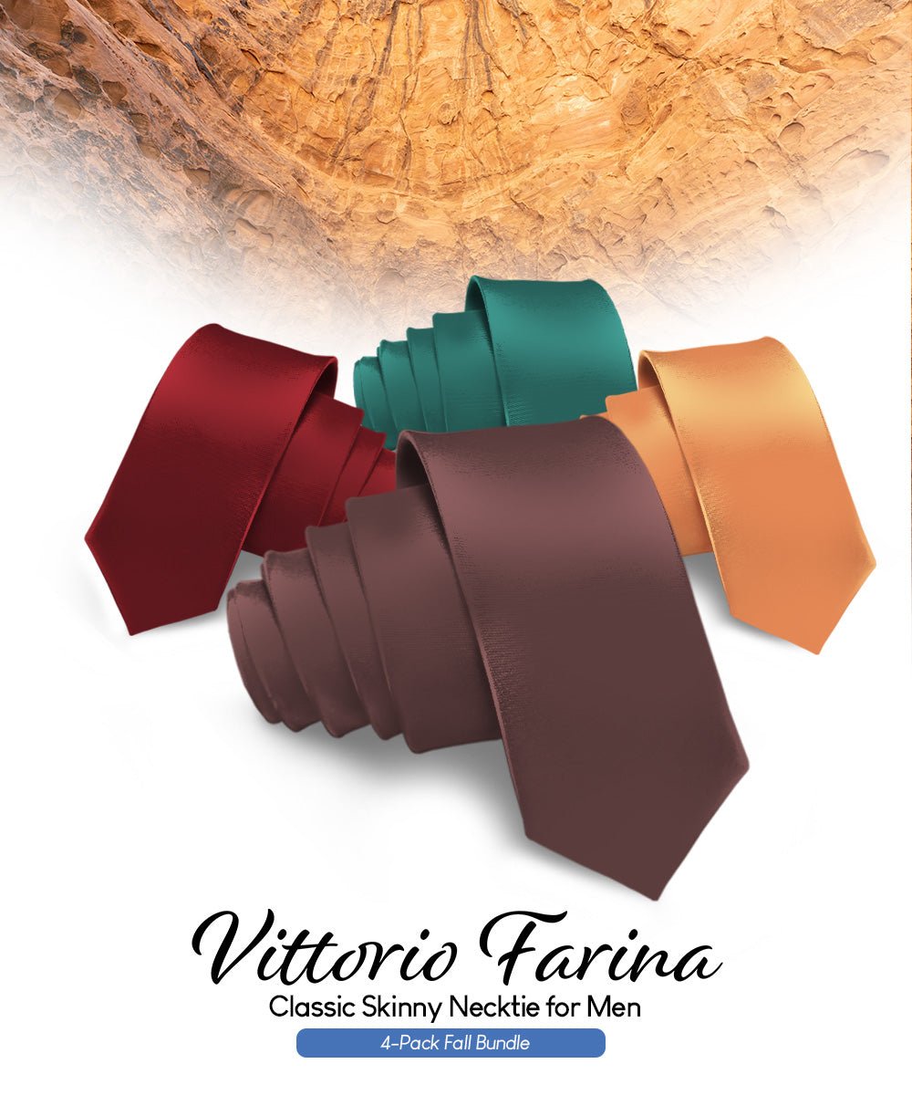 Vittorio Farina Men's Satin Skinny Necktie (Multipack) - Suits You Sir - Brown/Burgundy/Burnt Orange/Hunter Green - 